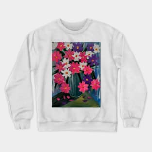 Some bright and colorful abstract flowers in a turquoise vase. Crewneck Sweatshirt